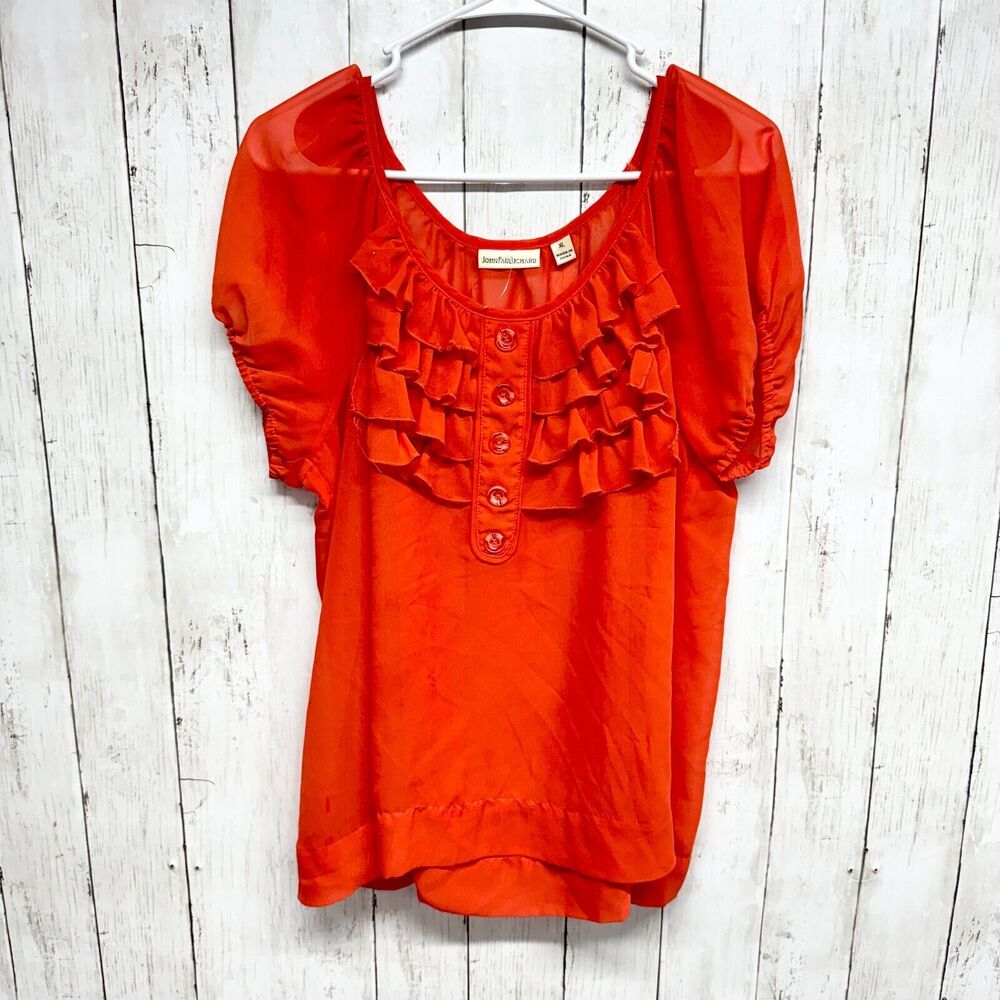 John Paul Richard Blouse Women Size XL Coral Ruffled‎ Pleated Button Down Short